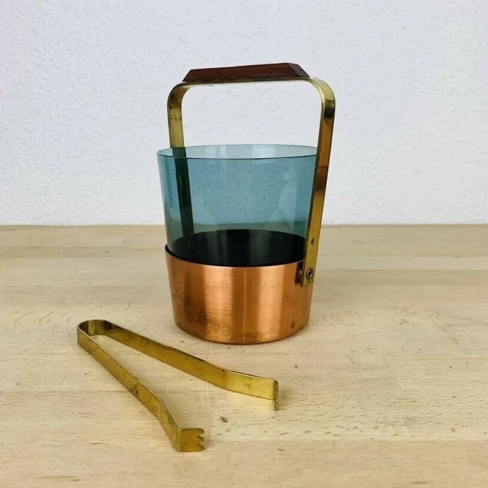 Seau à glace scandinave verre fumé et cuivre, vintage
