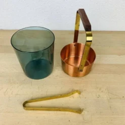 Seau à glace scandinave verre fumé et cuivre, vintage