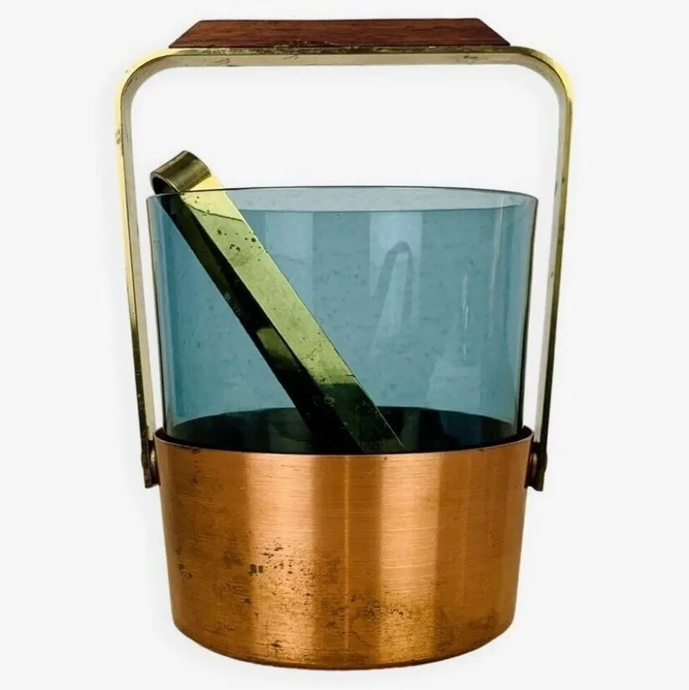 Seau à glace scandinave verre fumé et cuivre, vintage