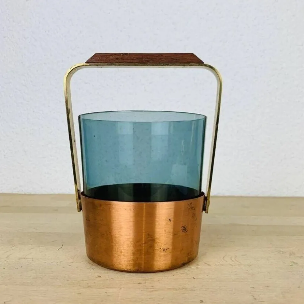 Seau à glace scandinave verre fumé et cuivre, vintage