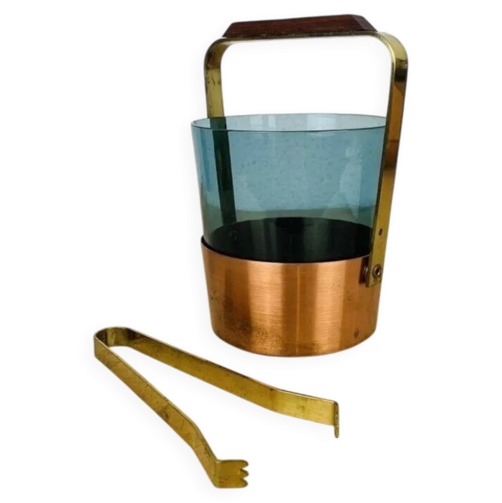 Seau à glace scandinave verre fumé et cuivre, vintage