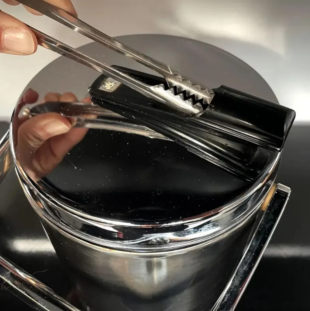 Seau à glace vintage en acier inoxydable avec couvercle et pinces, Japon