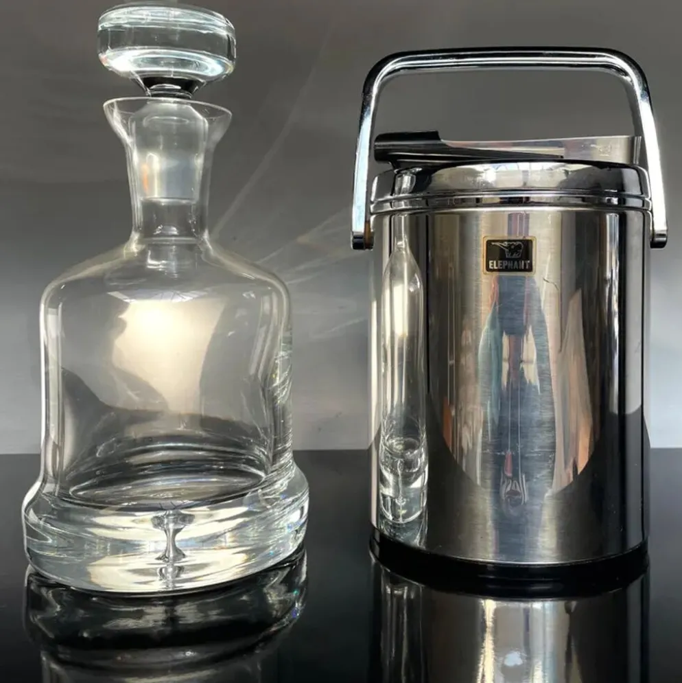 Seau à glace vintage en acier inoxydable avec couvercle et pinces, Japon