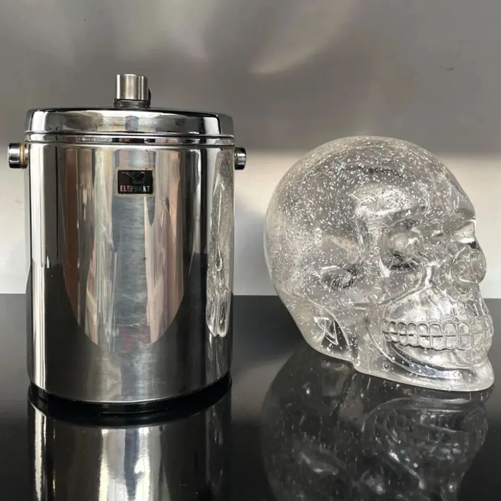 Seau à glace vintage en acier inoxydable avec couvercle et pinces, Japon