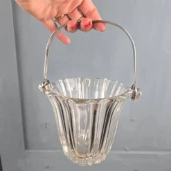 Seau à glace vintage en verre avec pince patte & fond métal