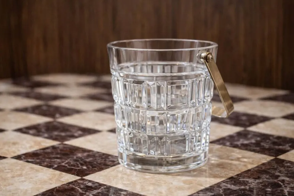 Seau à glace vintage en verre taillé avec anse métal – esprit bar années 60