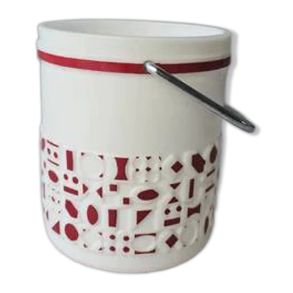 Seau à glaçons blanc vintage en opaline avec motifs rouges