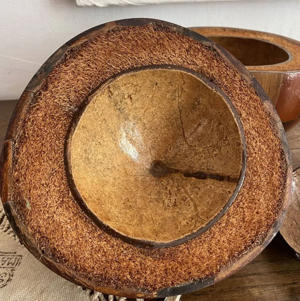 Seau à glaçons vintage en noix de coco marquetée