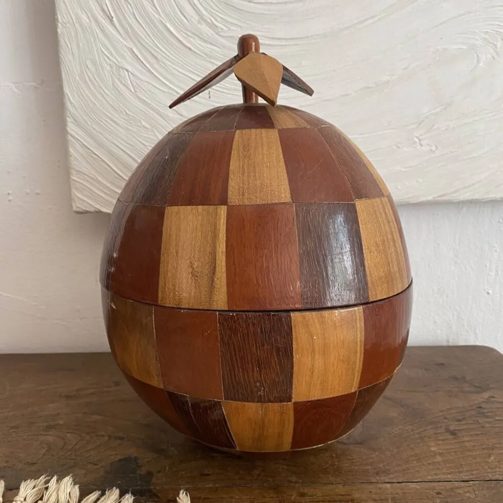 Seau à glaçons vintage en noix de coco marquetée