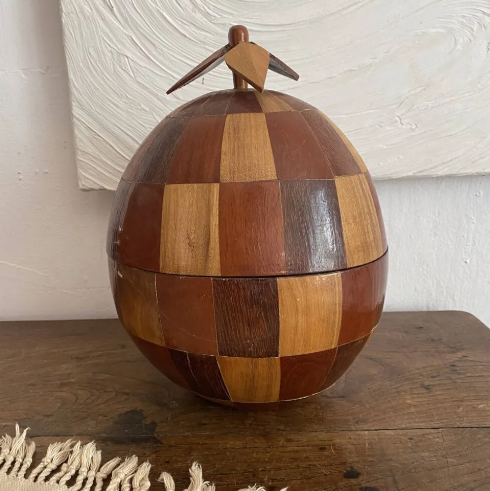 Seau à glaçons vintage en noix de coco marquetée