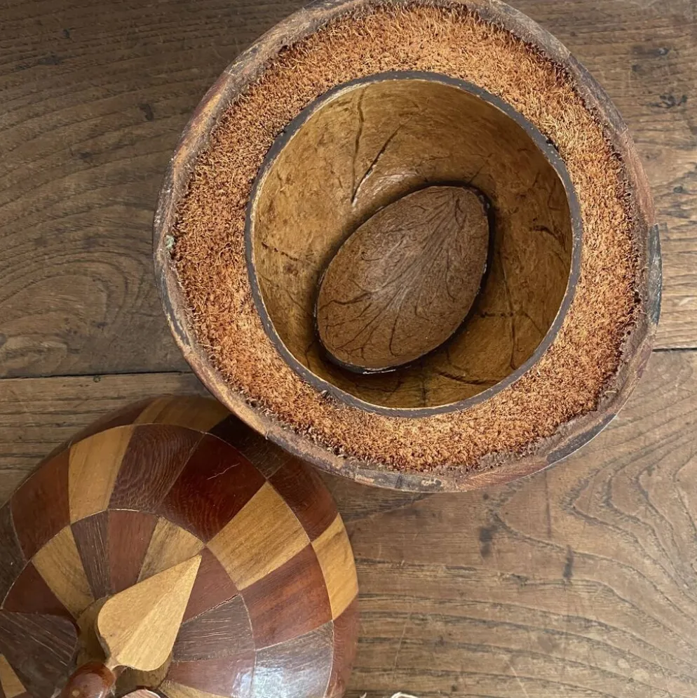 Seau à glaçons vintage en noix de coco marquetée