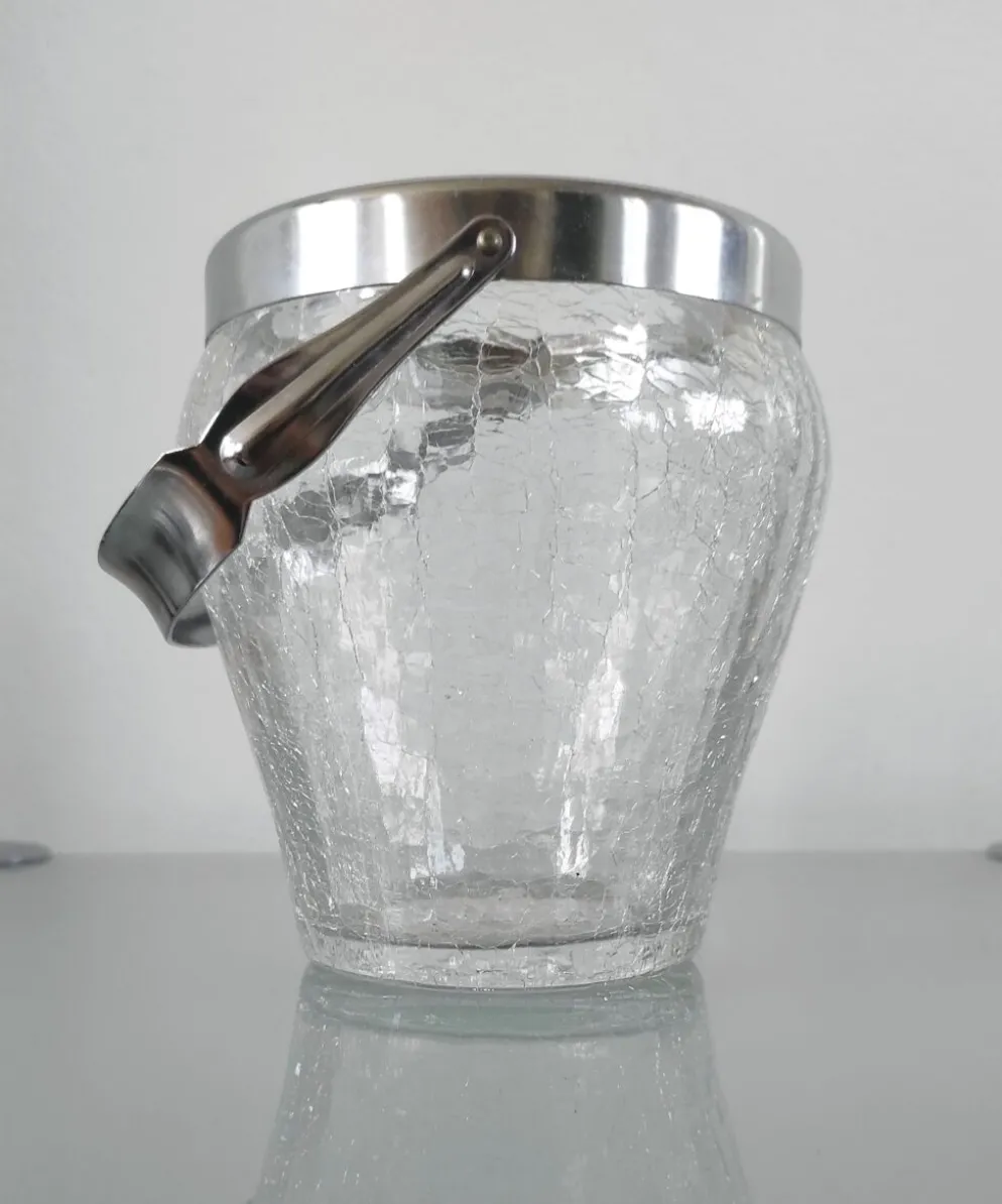 Seau à glaçons vintage en verre craquelé et inox - Demeyere (Années 6