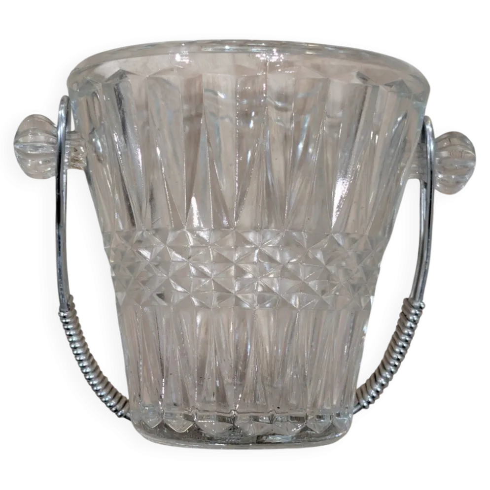 Seau à Glaçons Vintage Verre Taillé Cristal Anse Métal Tressé Longcham