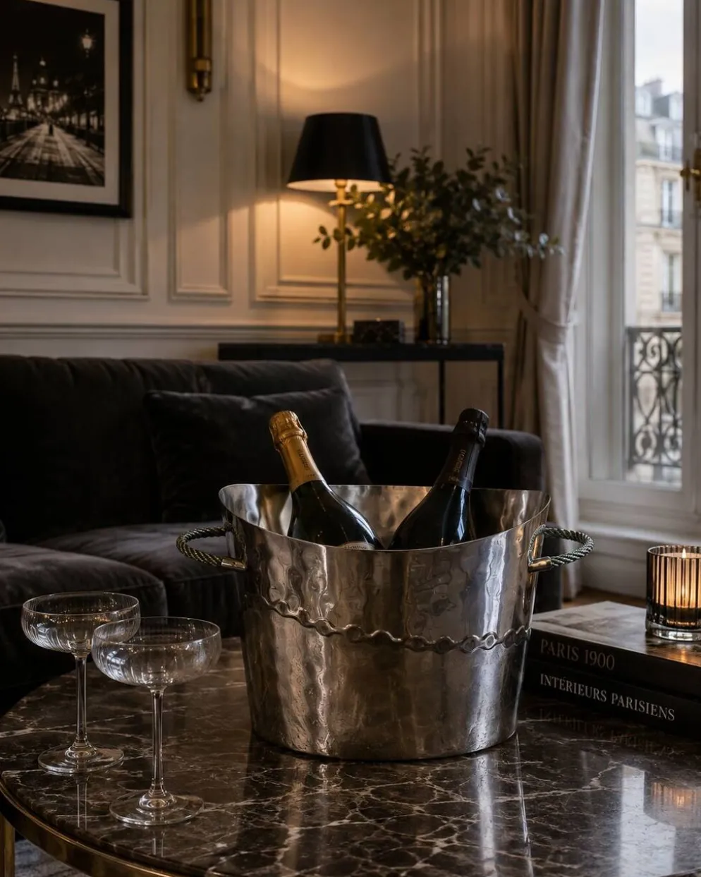 Seau / Vasque à champagne en métal argenté martelé & lissé
