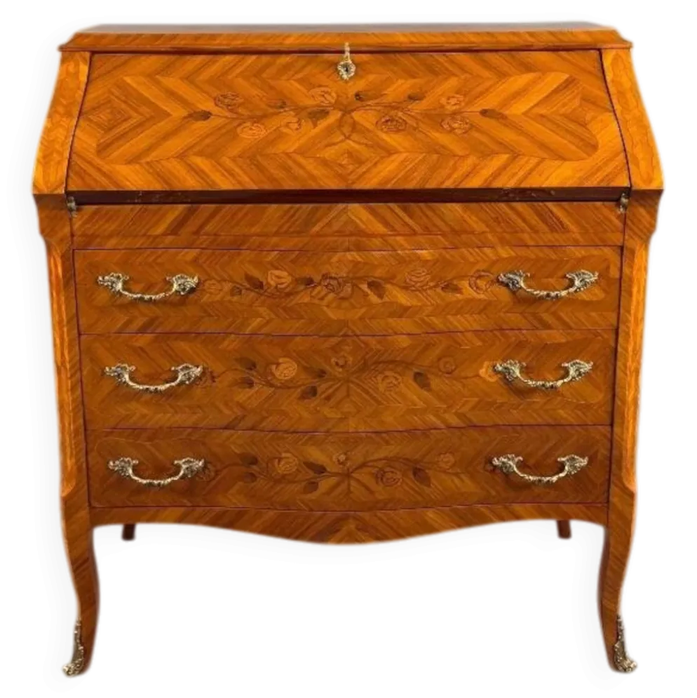 Secrétaire à abattant de style Louis XV en bois de placage et marqueterie, XIXe Siècle