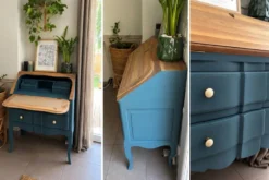 Secrétaire ancien à abattant restauré – bois naturel & Bleu Nuit