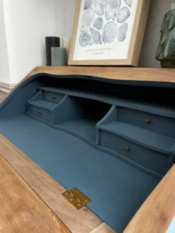 Secrétaire ancien à abattant restauré – bois naturel & Bleu Nuit