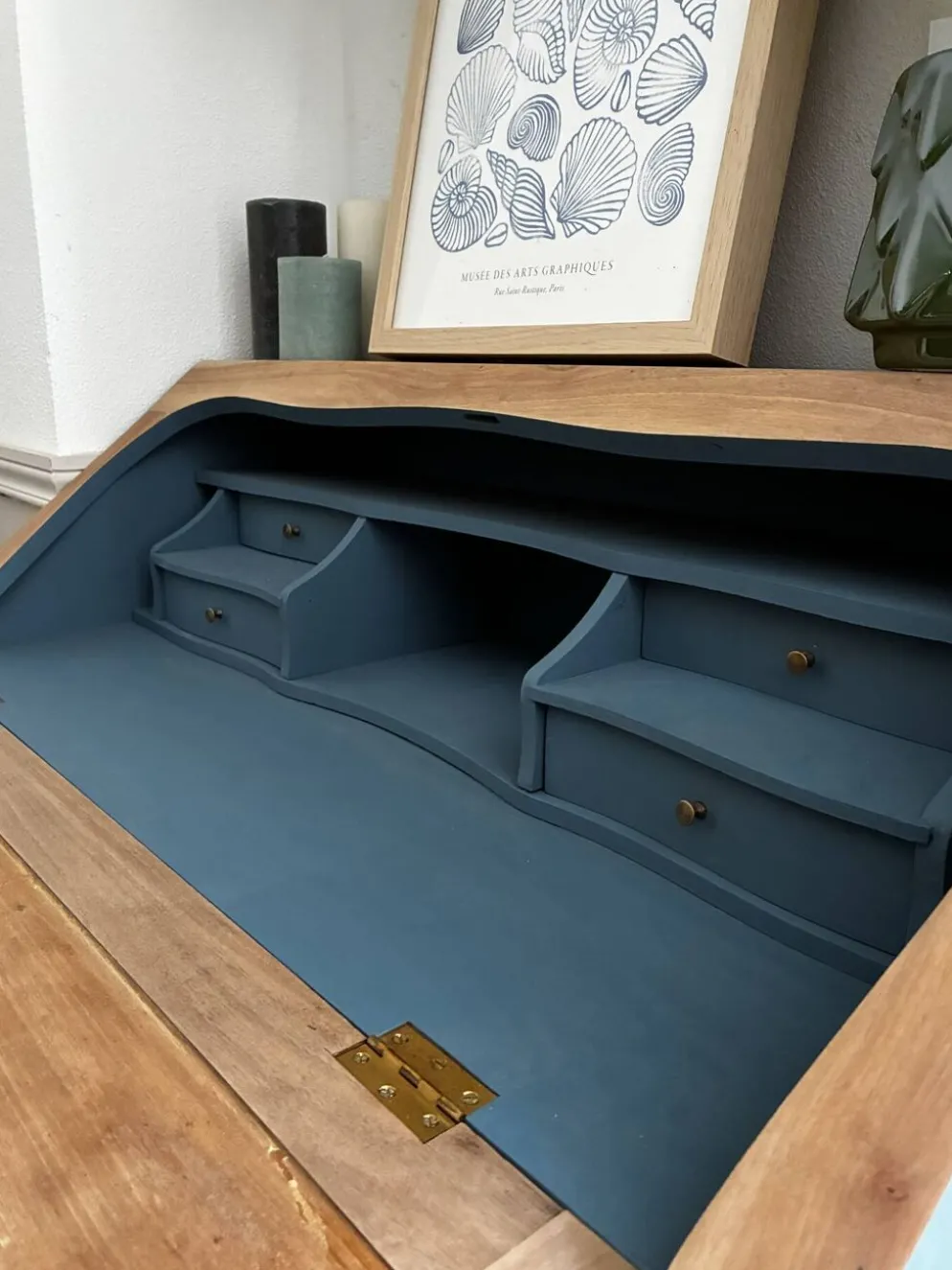 Secrétaire ancien à abattant restauré – bois naturel & Bleu Nuit