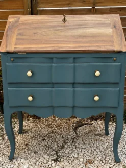 Secrétaire ancien à abattant restauré – bois naturel & Bleu Nuit