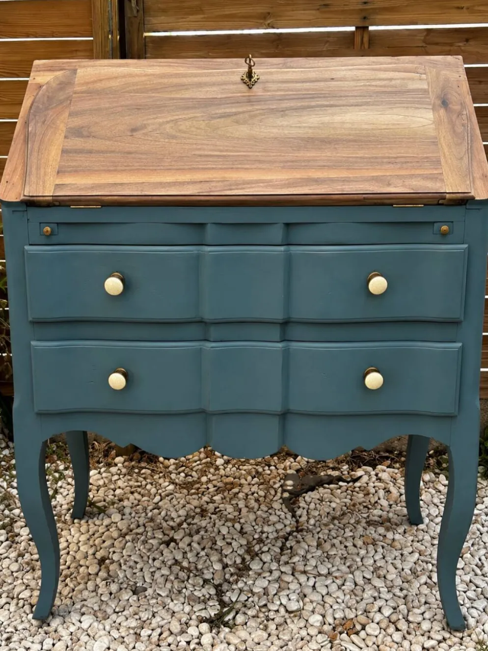 Secrétaire ancien à abattant restauré – bois naturel & Bleu Nuit