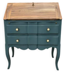 Secrétaire ancien à abattant restauré – bois naturel & Bleu Nuit