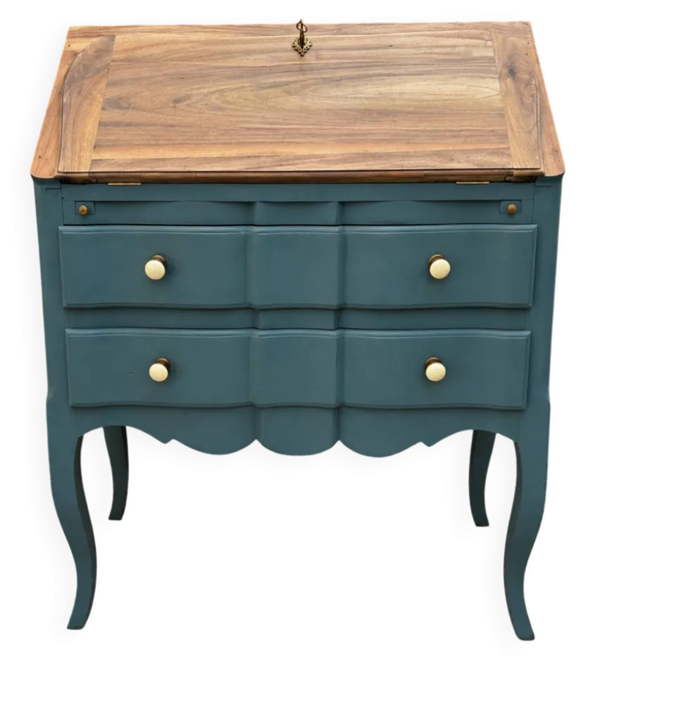 Secrétaire ancien à abattant restauré – bois naturel & Bleu Nuit