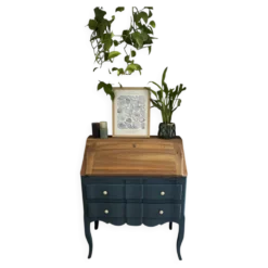 Secrétaire ancien à abattant restauré – bois naturel & Bleu Nuit
