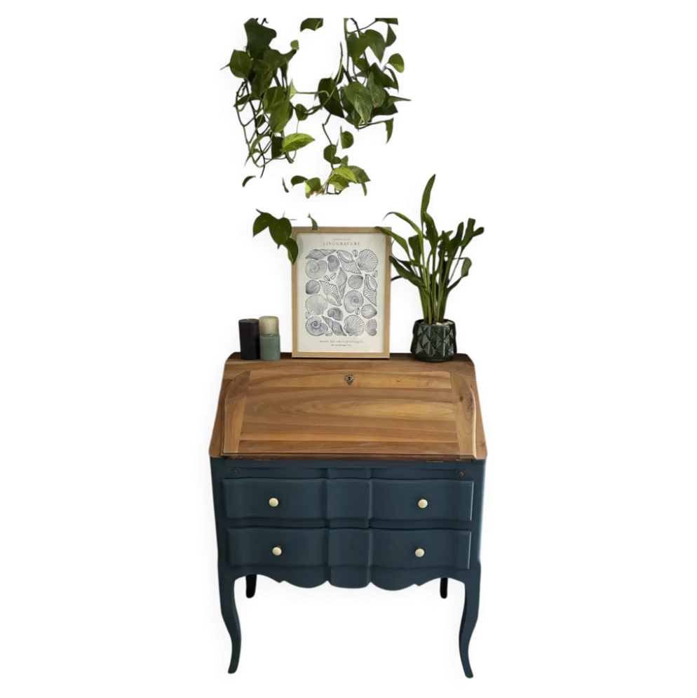 Secrétaire ancien à abattant restauré – bois naturel & Bleu Nuit