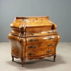 Secrétaire ancien à abattant style baroque en noyer et érable, XXe siècle