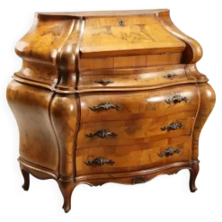 Secrétaire ancien à abattant style baroque en noyer et érable, XXe siècle