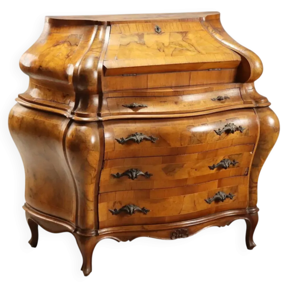 Secrétaire ancien à abattant style baroque en noyer et érable, XXe siècle