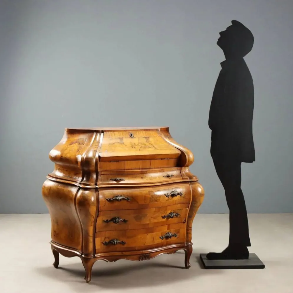 Secrétaire ancien à abattant style baroque en noyer et érable, XXe siècle
