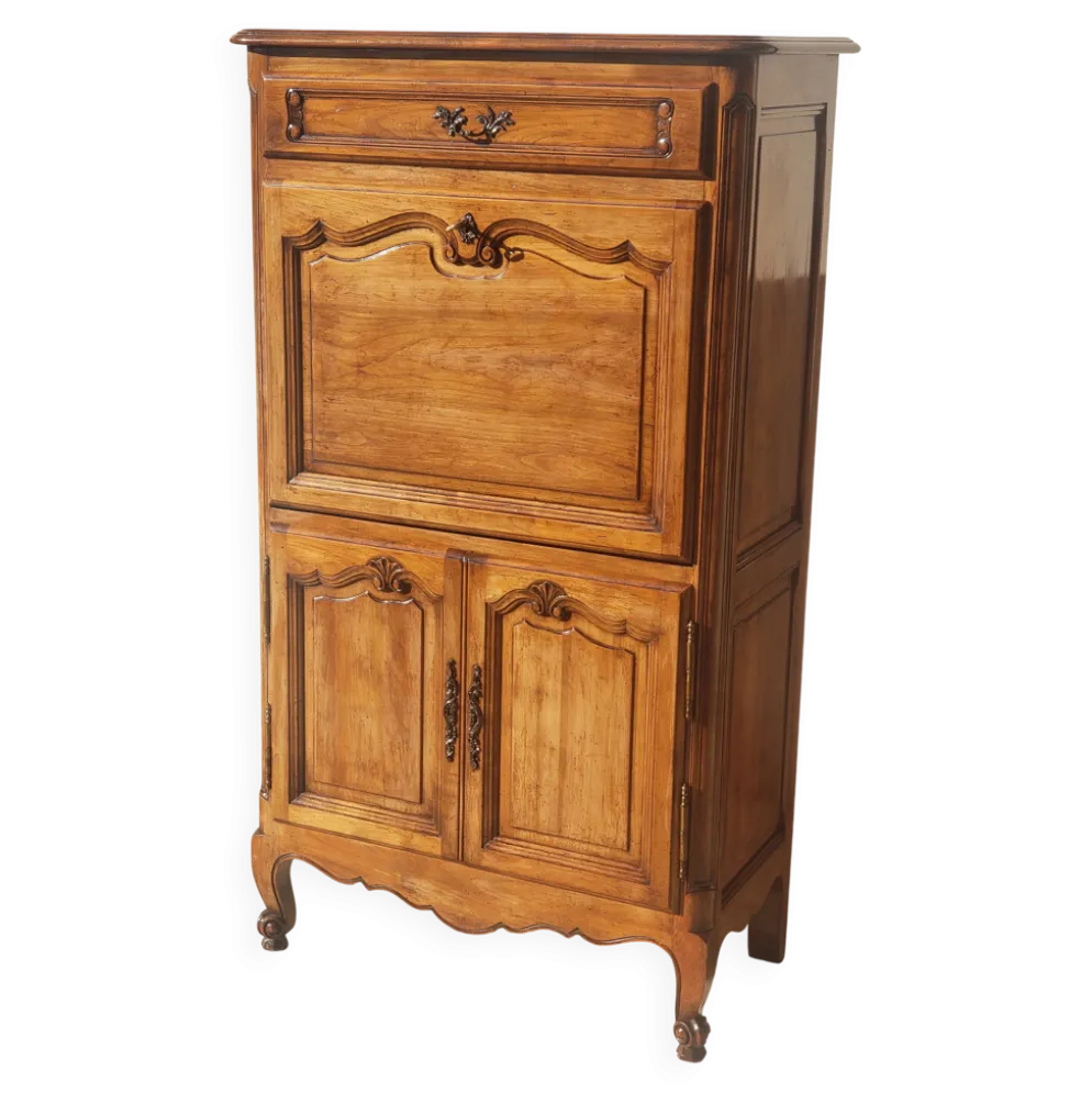 Secrétaire ancien scriban vintage en bois de noyer style Louis XV