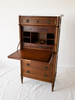 Secrétaire ancien style Louis XVI en bois & marbre blanc – H141 cm