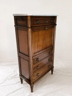 Secrétaire ancien style Louis XVI en bois & marbre blanc – H141 cm