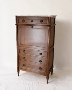 Secrétaire ancien style Louis XVI en bois & marbre blanc – H141 cm