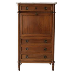 Secrétaire ancien style Louis XVI en bois & marbre blanc – H141 cm
