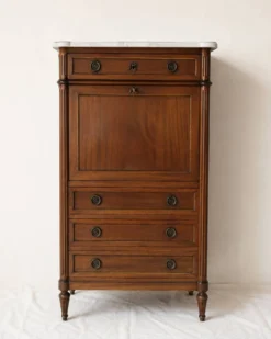 Secrétaire ancien style Louis XVI en bois & marbre blanc – H141 cm