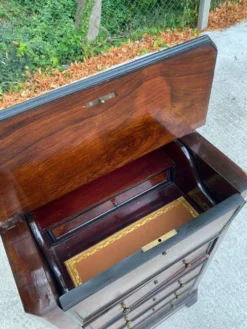 Secrétaire chiffonnier XIXe en ronce de noyer thuya & cuir doré aux fers
