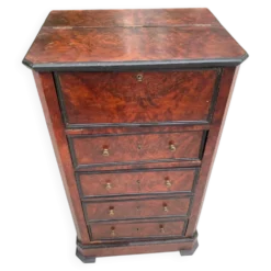 Secrétaire chiffonnier XIXe en ronce de noyer thuya & cuir doré aux fers