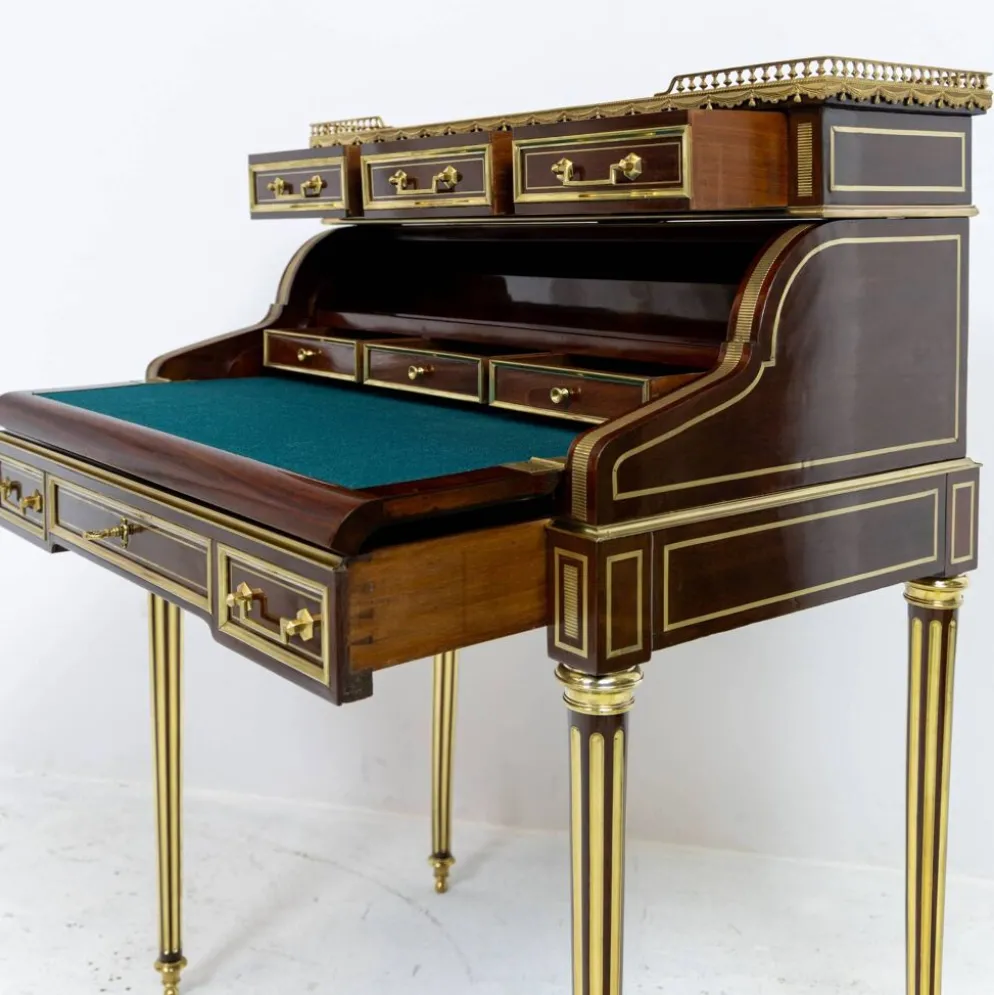 Secrétaire à cylindre Louis XVI en acajou et marbre rose - vers 1860-1890
