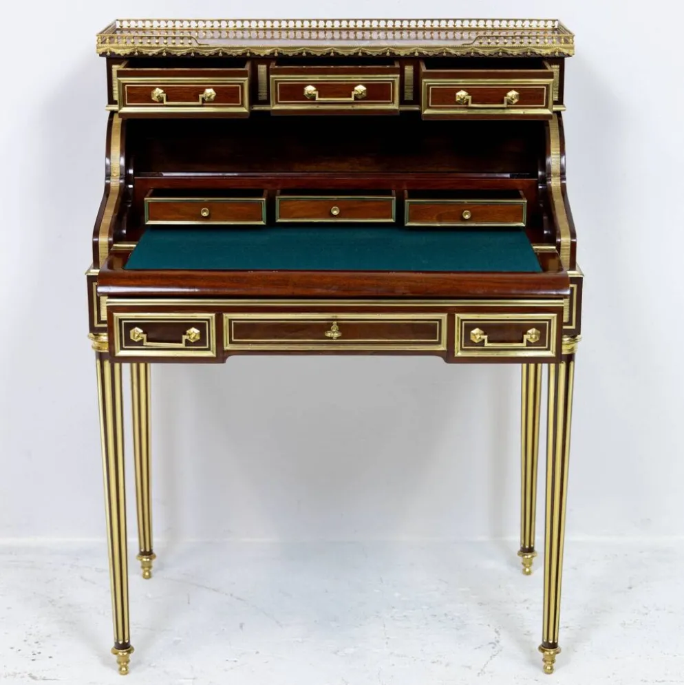 Secrétaire à cylindre Louis XVI en acajou et marbre rose - vers 1860-1890