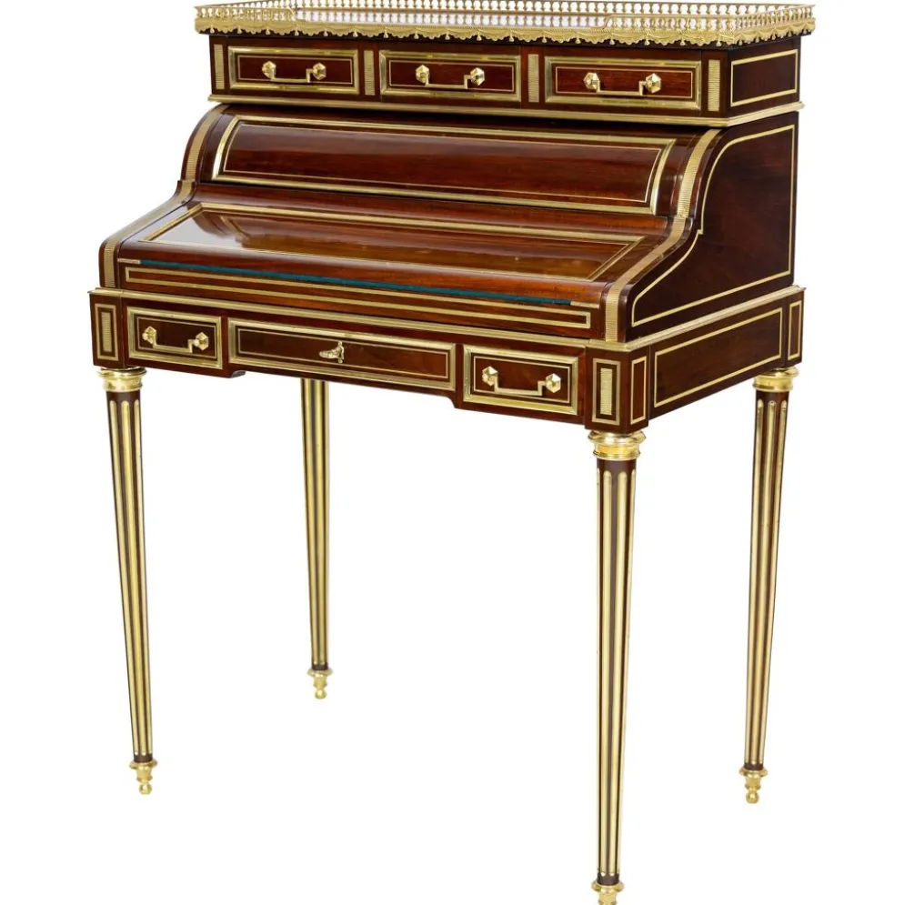 Secrétaire à cylindre Louis XVI en acajou et marbre rose - vers 1860-1890