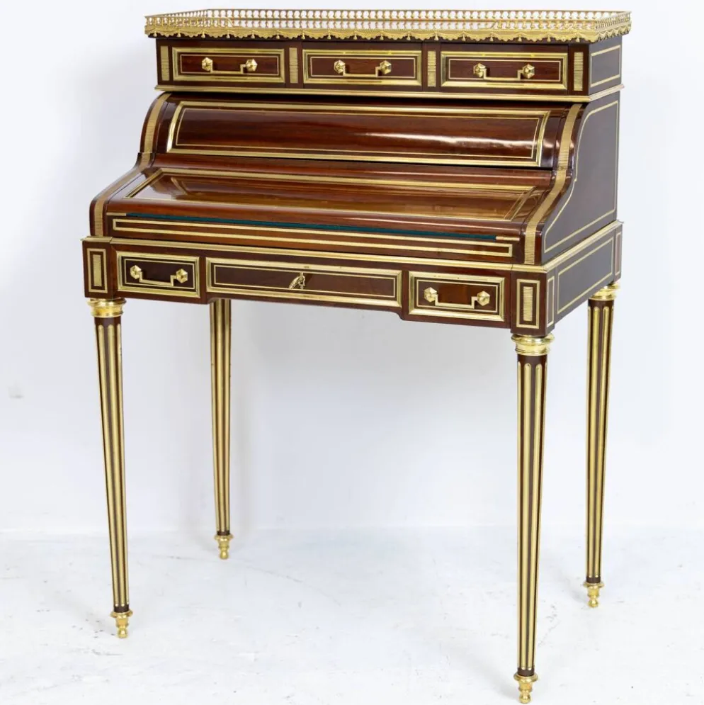 Secrétaire à cylindre Louis XVI en acajou et marbre rose - vers 1860-1890