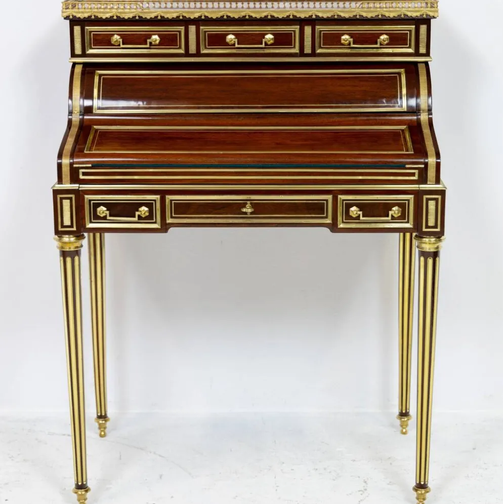 Secrétaire à cylindre Louis XVI en acajou et marbre rose - vers 1860-1890