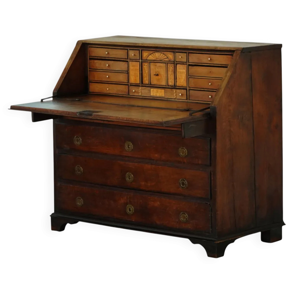 Secrétaire danois ancien en chêne, avec intérieur en marqueterie, début du XIXe siècle