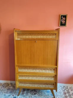 Secrétaire vintage en bois et rotin