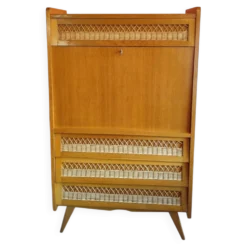 Secrétaire vintage en bois et rotin