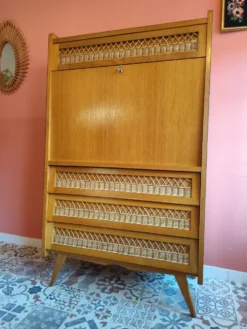 Secrétaire vintage en bois et rotin