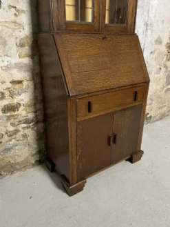 Secrétaire vitrine en chêne meuble 2 corps avec abattant